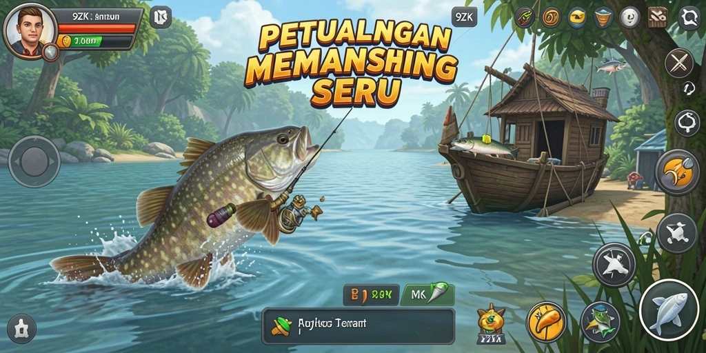 Screenshot gameplay memancing di 9ZK dengan ikan besar di air.
