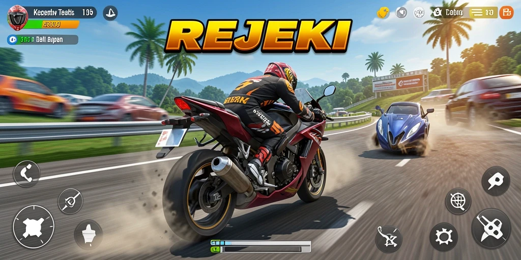 Tampilan gameplay mendebarkan balapan motor dalam REJEKI.