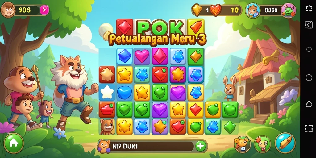 Screenshot gameplay RPOK dengan aksi mencocokkan permata yang seru.